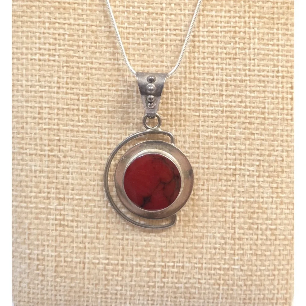 Vintage Sterling Silver & Jasper Modernist Pendant 18